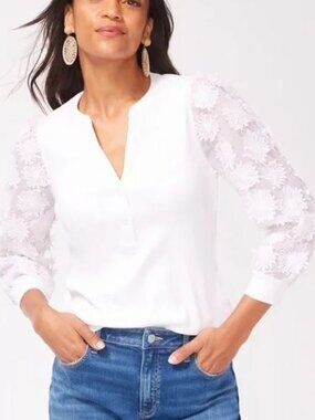 Chico's Alabaster Floral Henley with Sleeves Applique 3 D Top size 3 US XL 16